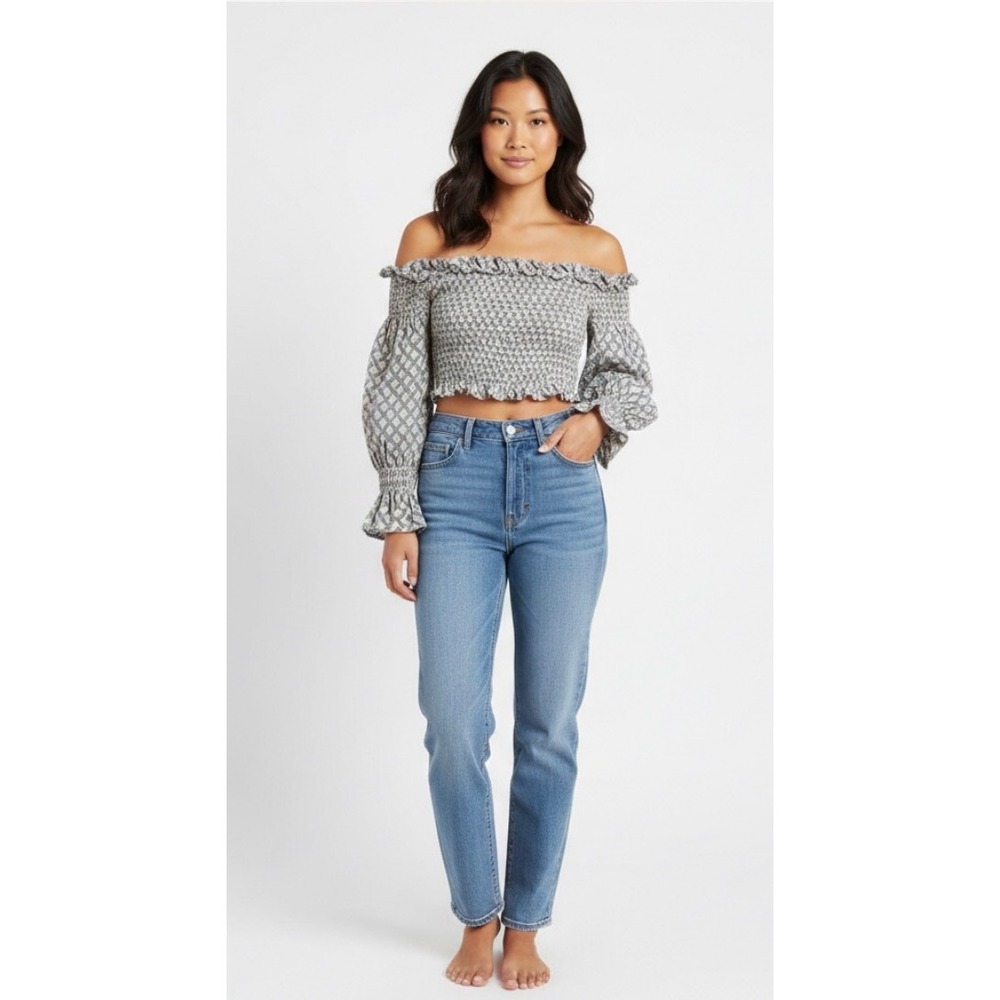 Olivacious Smocked Ruffle Off Shoulder‎ Crop Top Geometric Print Long Sleeve M